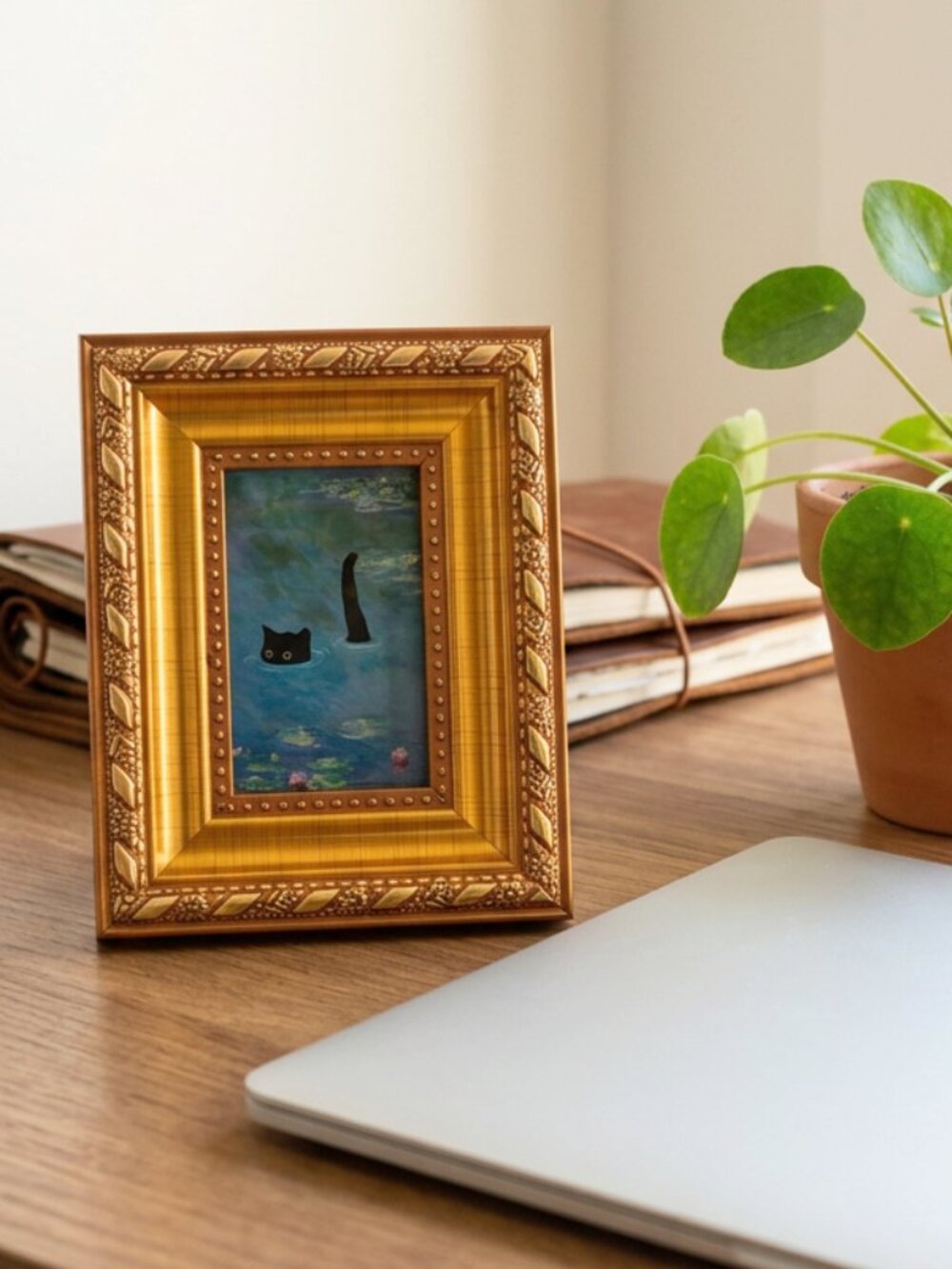 Handmade Mini Framed Print - Monet Water Lilies Black Cat 4.75x3.75"